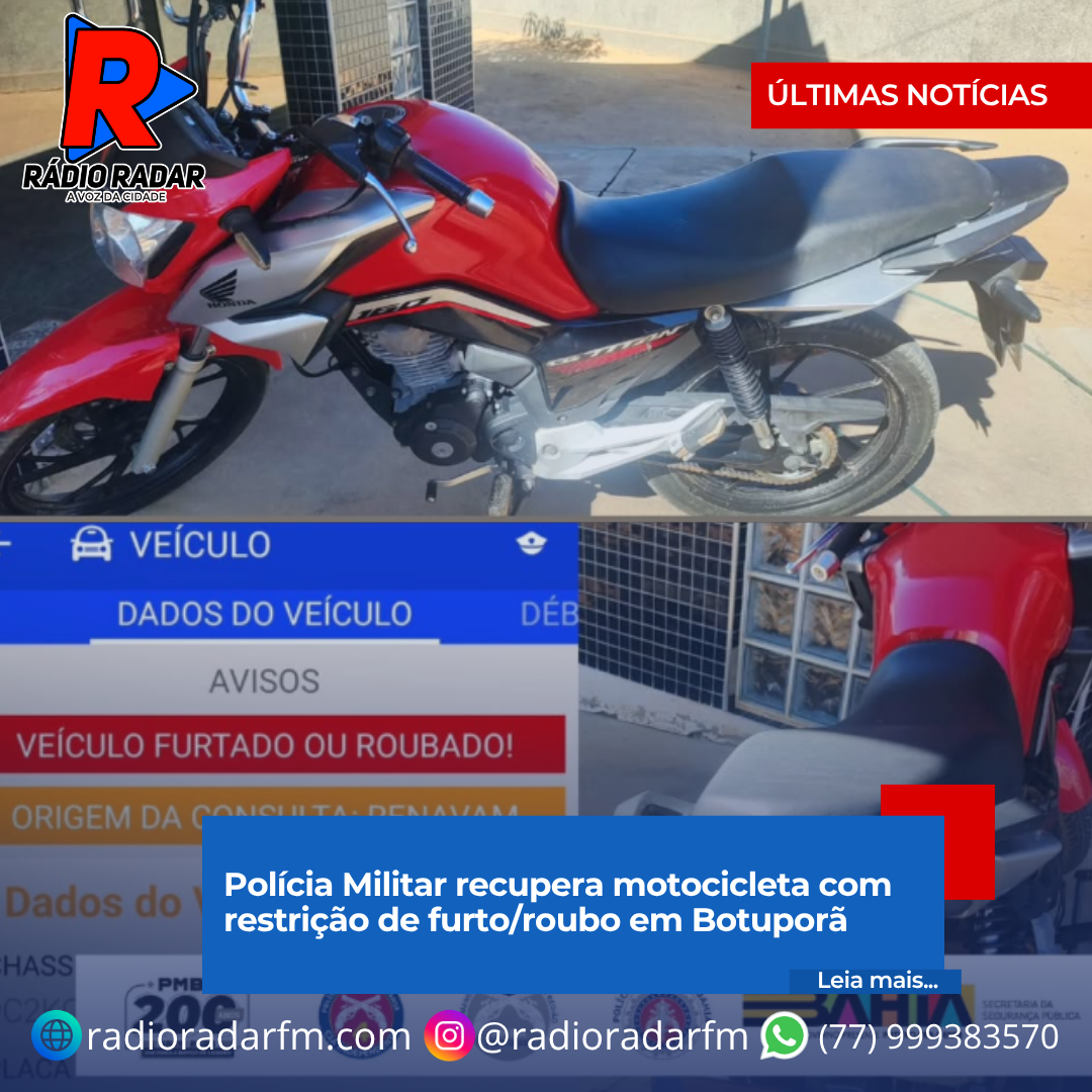 Polícia Militar recupera motocicleta com restrição de furto/roubo em Botuporã