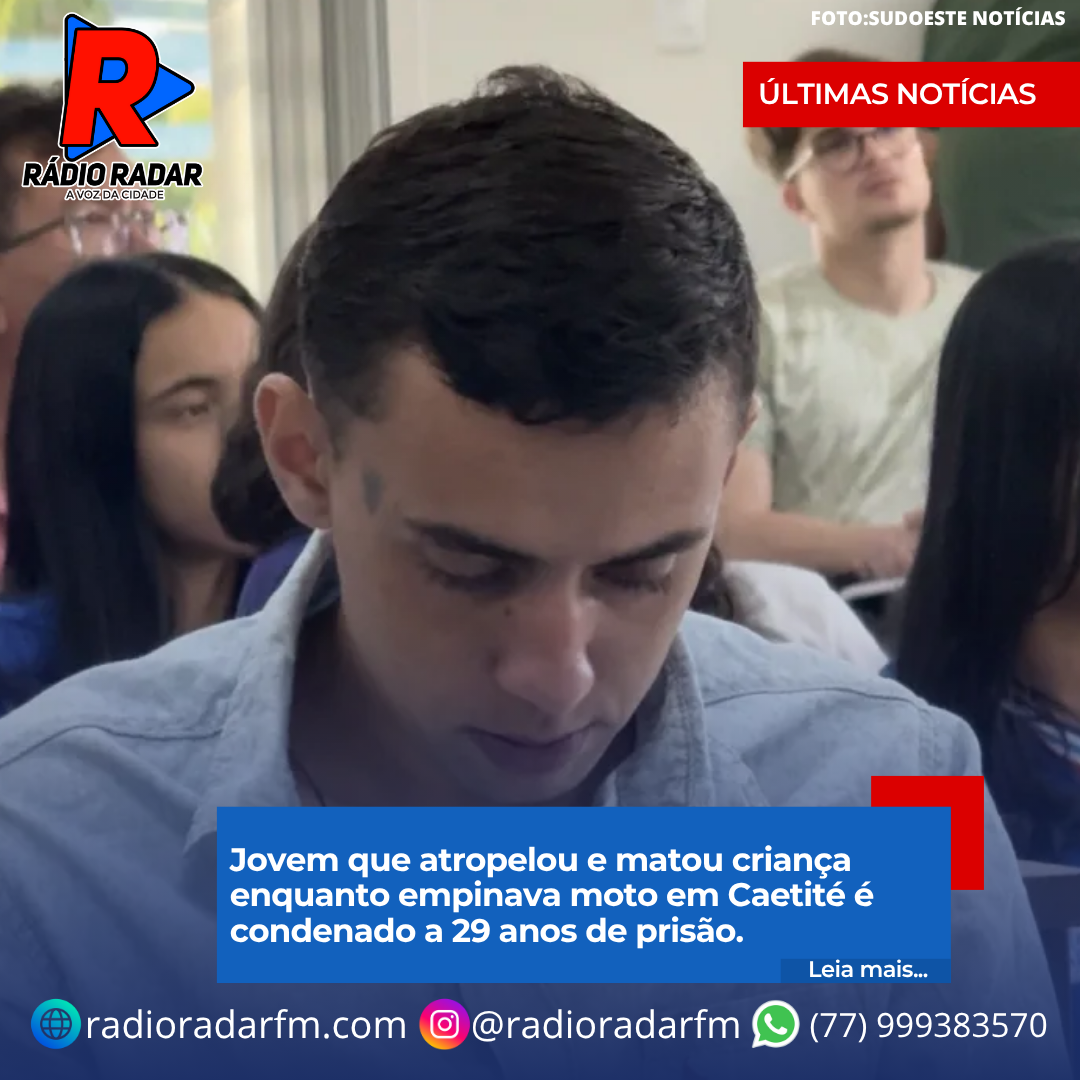 Jovem que atropelou e matou criança enquanto empinava moto em Caetité é condenado a 29 anos de prisão.