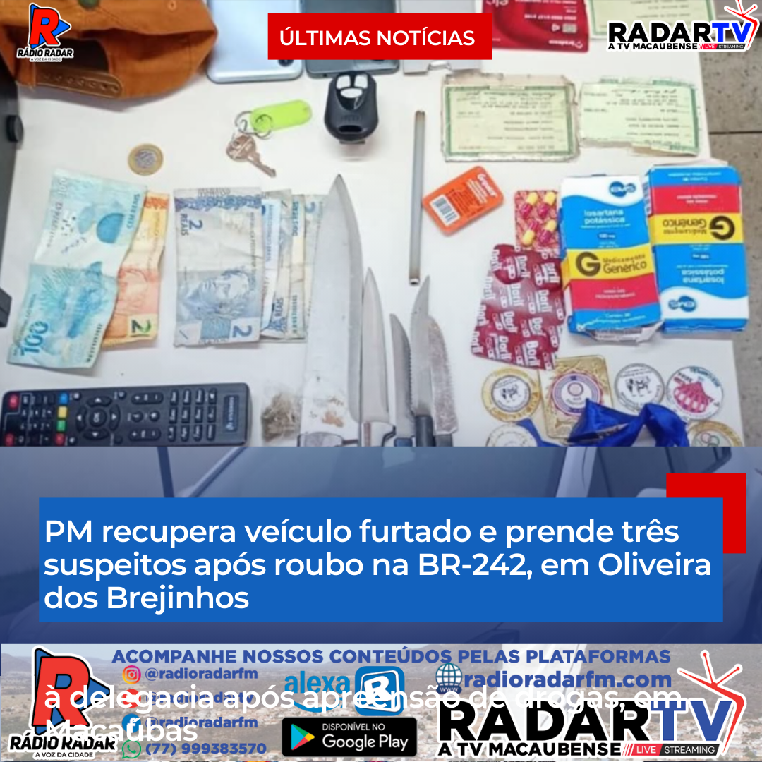 PM recupera veículo furtado e prende três suspeitos após roubo na BR-242, em Oliveira dos Brejinhos