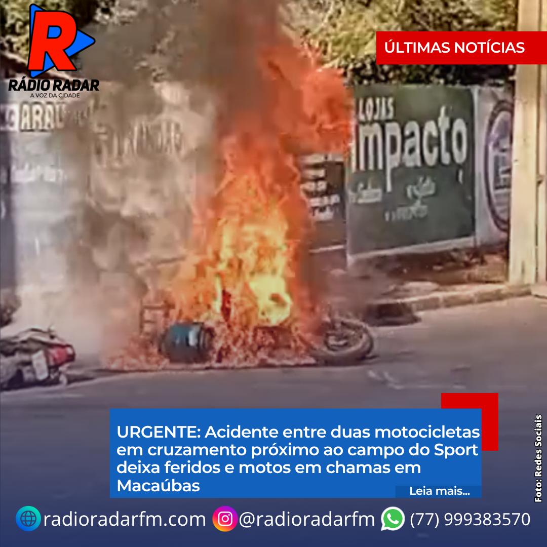 URGENTE: Acidente entre duas motocicletas em cruzamento próximo ao campo do Sport deixa feridos e motos em chamas em Macaúbas
