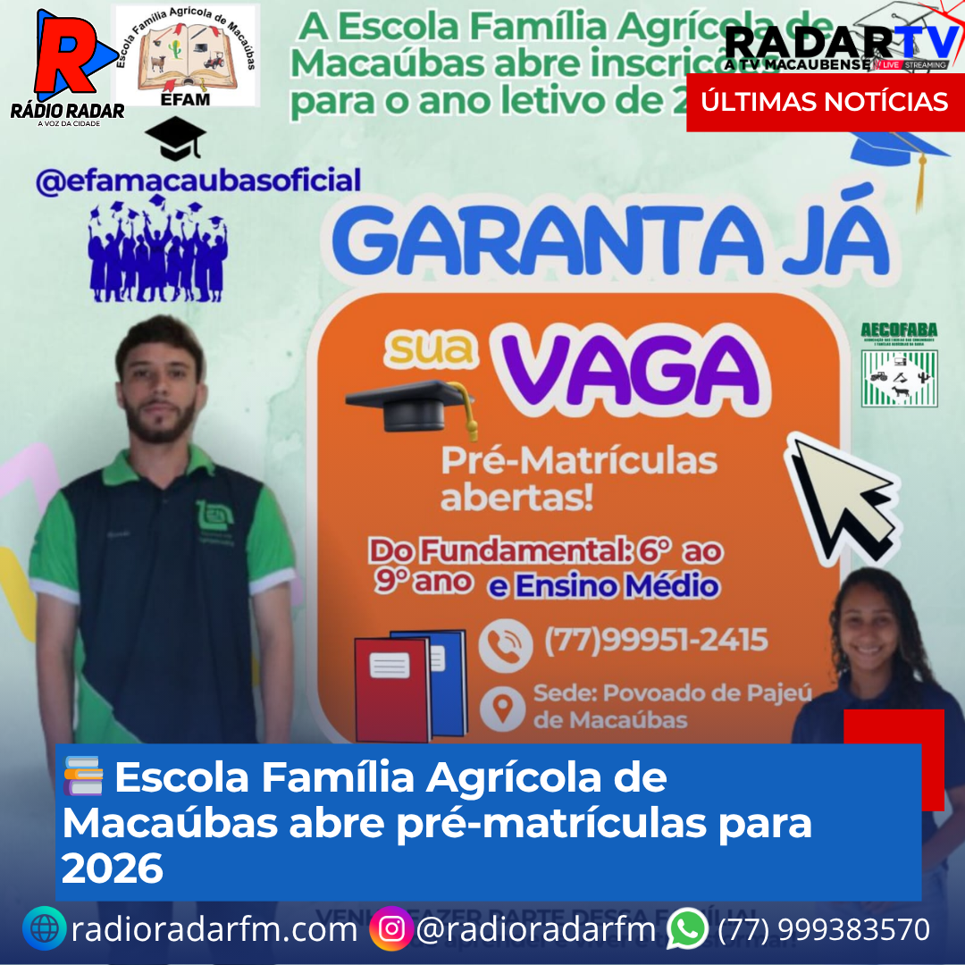 Escola Família Agrícola de Macaúbas abre pré-matrículas para 2026