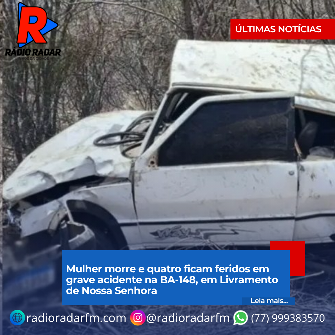Mulher morre e quatro ficam feridos em grave acidente na BA-148, em Livramento de Nossa Senhora