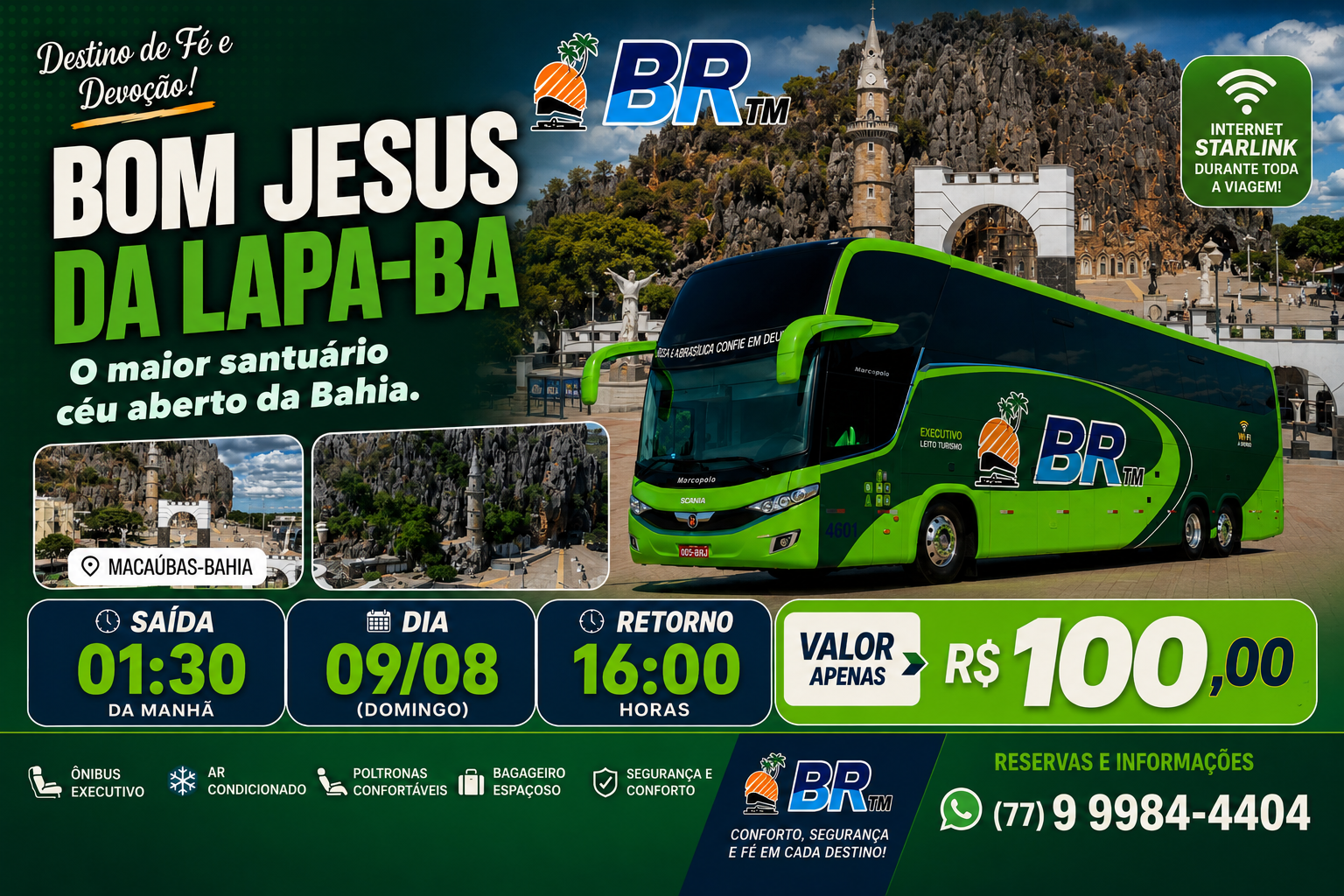 BR Turismo abre excursão para Bom Jesus da Lapa com conforto, segurança e internet Starlink durante toda a viagem