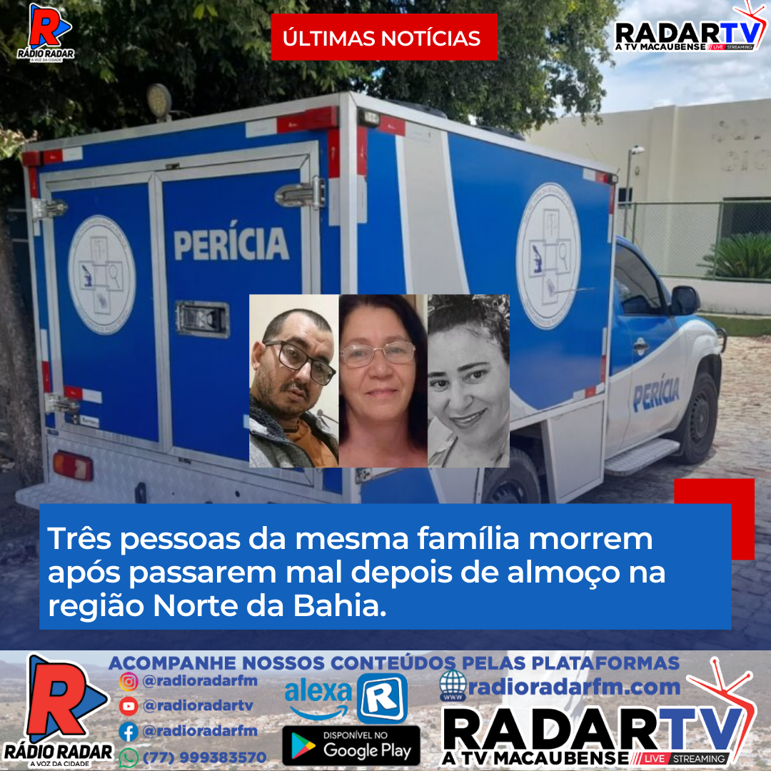Três pessoas da mesma família morrem após passarem mal depois de almoço na região Norte da Bahia.