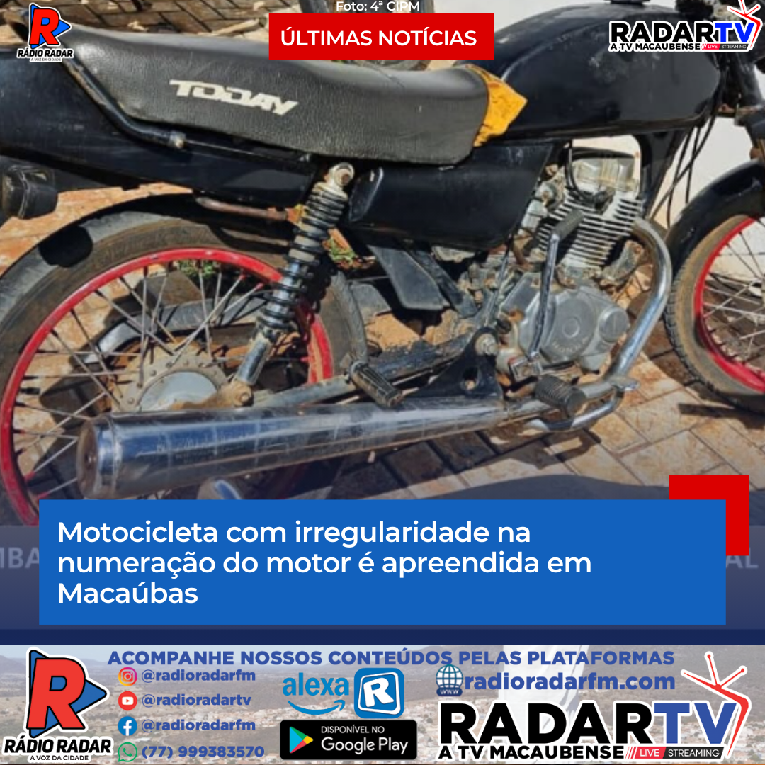 Motocicleta com irregularidade na numeração do motor é apreendida em Macaúbas