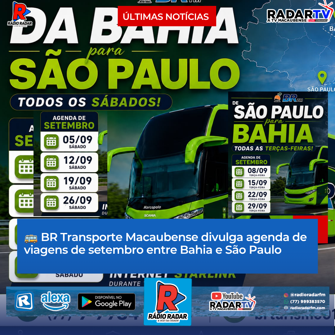 BR Transporte Macaubense divulga agenda de viagens de setembro entre Bahia e São Paulo