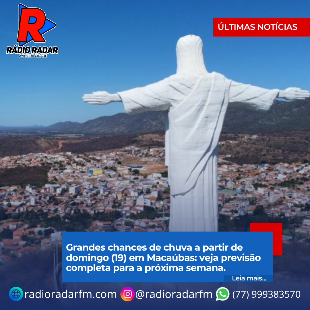 Grandes chances de chuva a partir de domingo (19) em Macaúbas: veja previsão completa para a próxima semana.