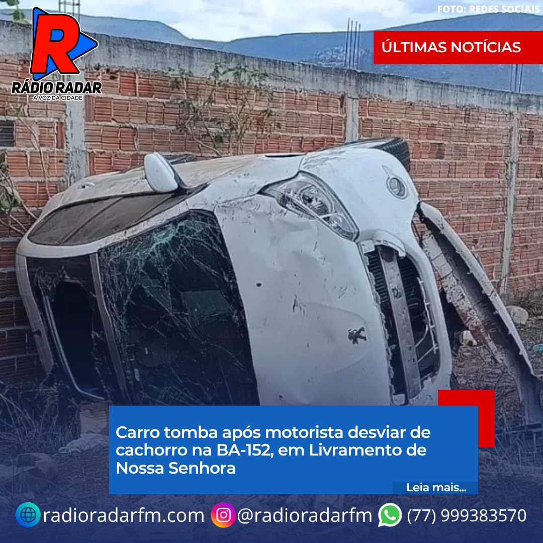 Carro tomba após motorista desviar de cachorro na BA-152, em Livramento de Nossa Senhora